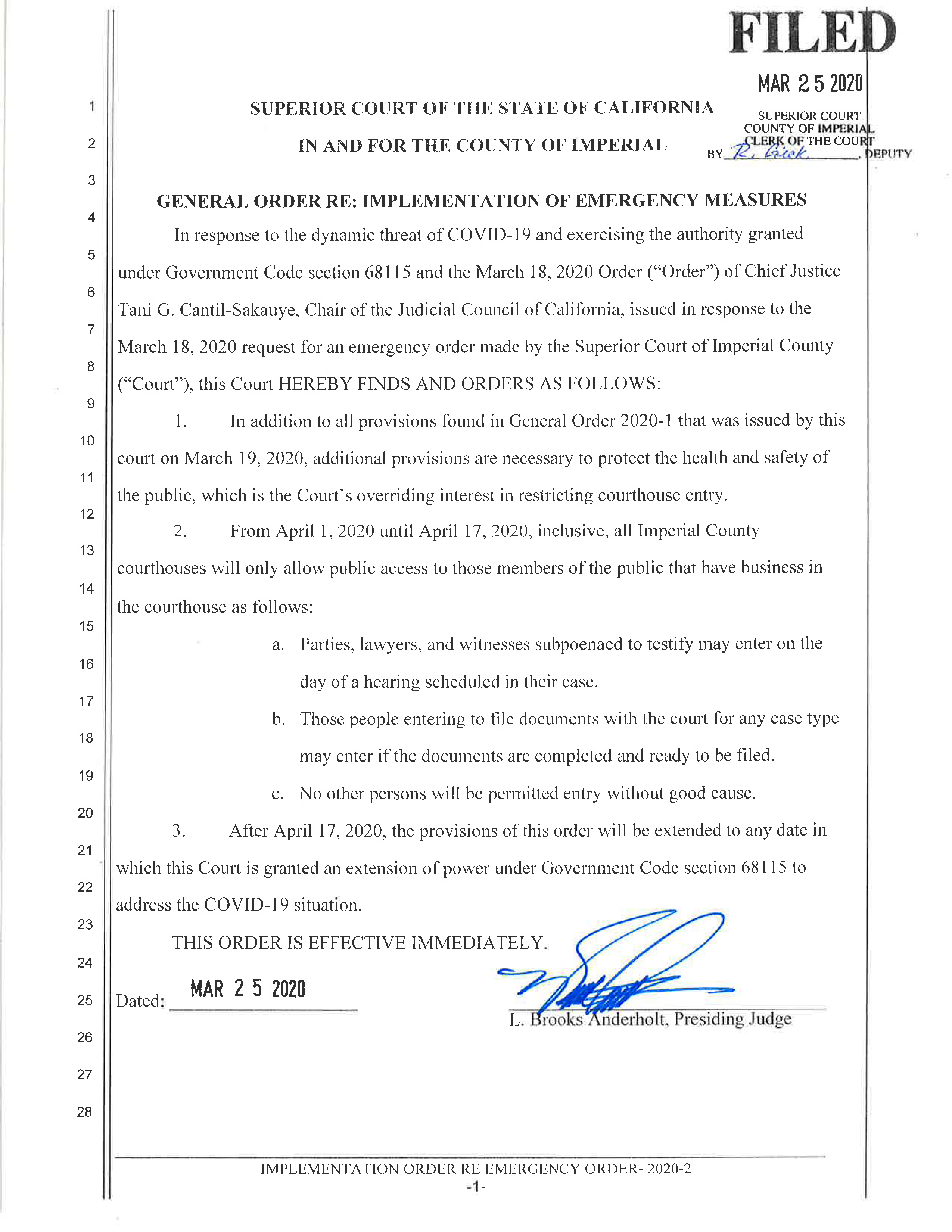General Order 2020-2 Issued by Presiding Judge